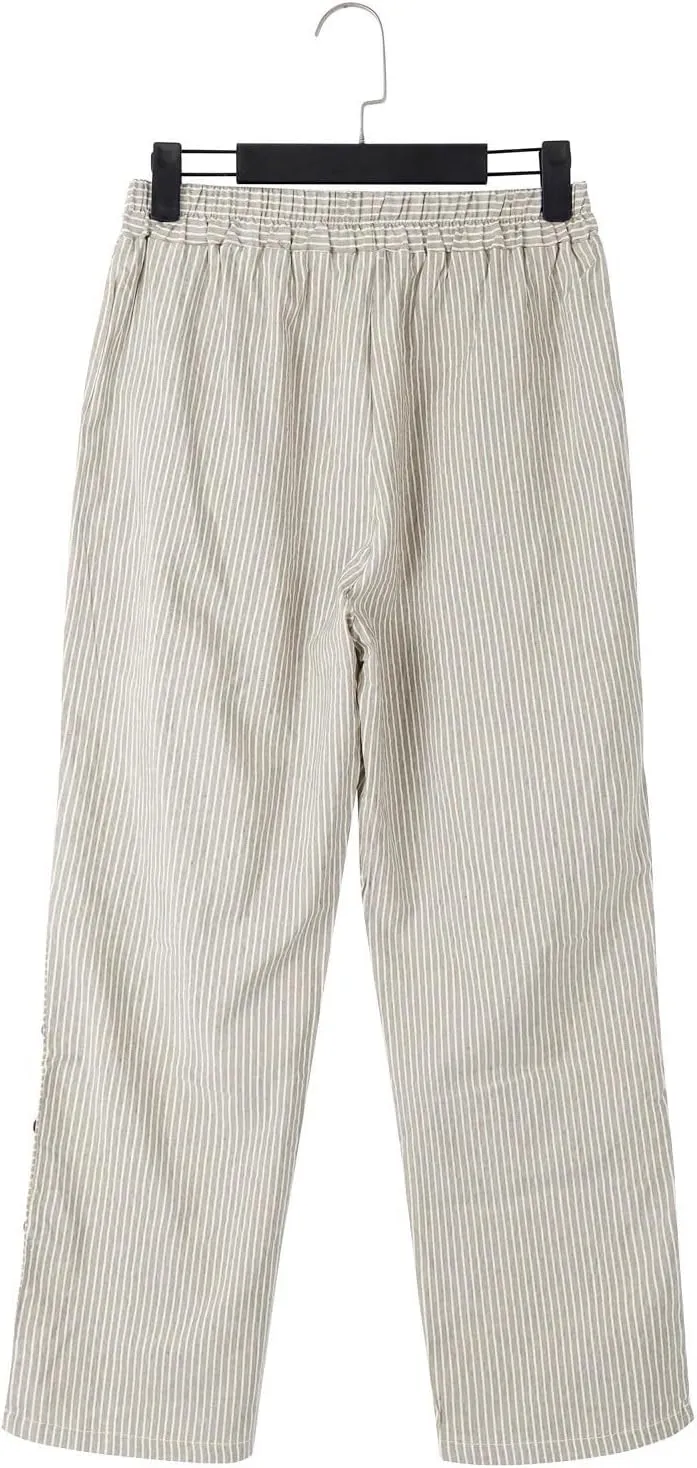 Women's Casual Linen Pants Striped Side Button Elastic Waist Trendy Pants Straight Leg Baggy Trousers with Pockets