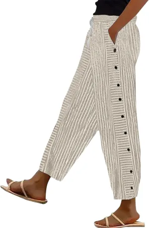Women's Casual Linen Pants Striped Side Button Elastic Waist Trendy Pants Straight Leg Baggy Trousers with Pockets