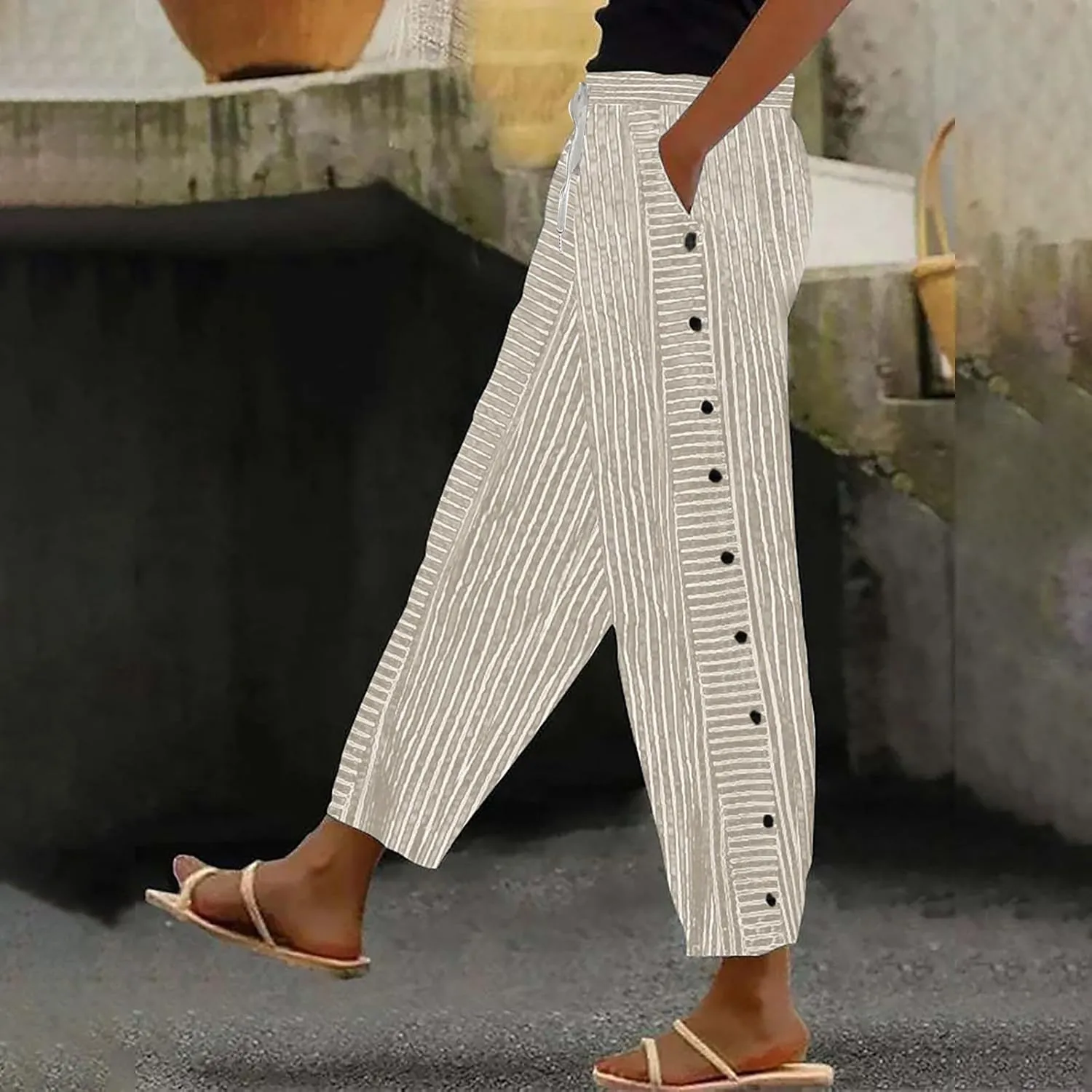 Women's Casual Linen Pants Striped Side Button Elastic Waist Trendy Pants Straight Leg Baggy Trousers with Pockets