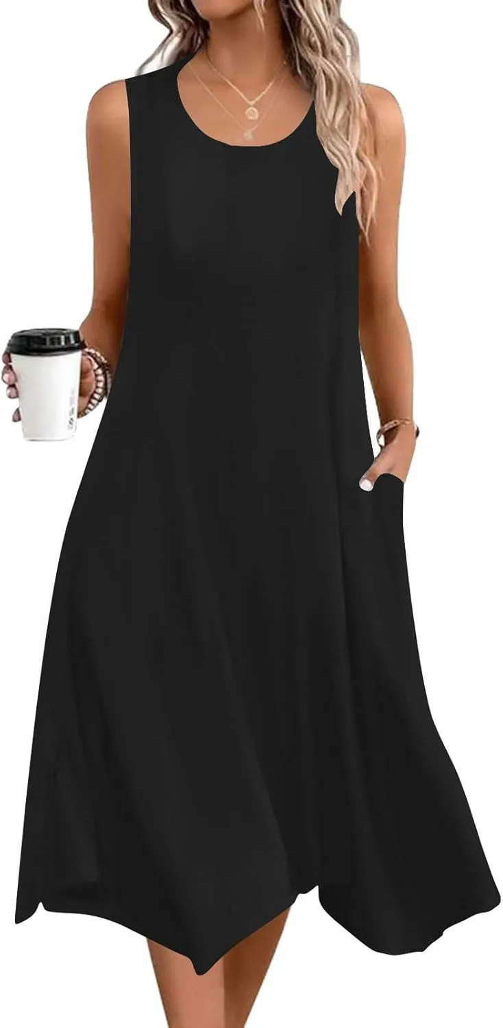 Women's Casual Summer Dress 2025 Sleeveless Dress Handkerchief Hem Midi Tank Dresses Beach Dress with Pockets