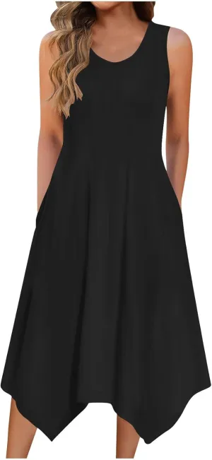 Women's Casual Summer Dress 2025 Sleeveless Dress Handkerchief Hem Midi Tank Dresses Beach Dress with Pockets