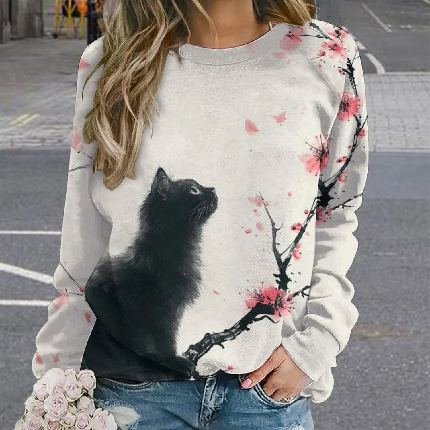 Womens Cat Sweatshirts Cute Graphic Printed Long Sleeve Crewneck Pullover Shirts Cat Lovers Tunic Tops for Girls