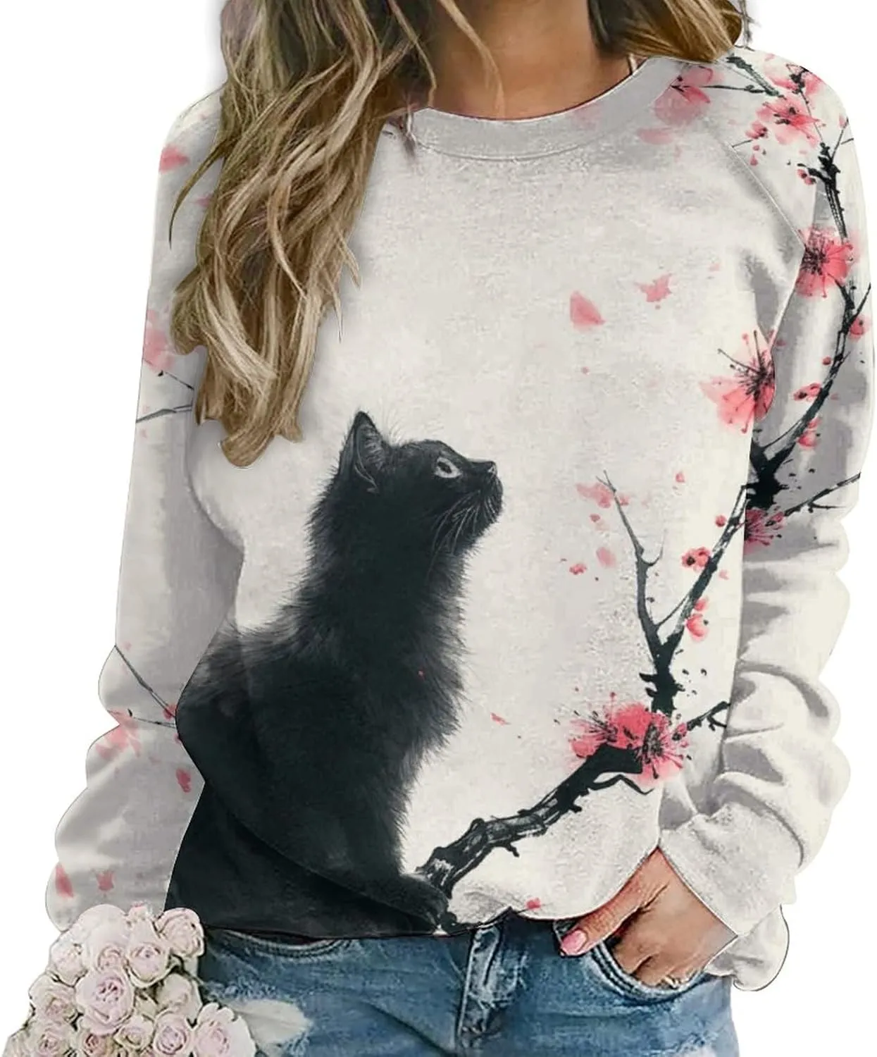 Womens Cat Sweatshirts Cute Graphic Printed Long Sleeve Crewneck Pullover Shirts Cat Lovers Tunic Tops for Girls