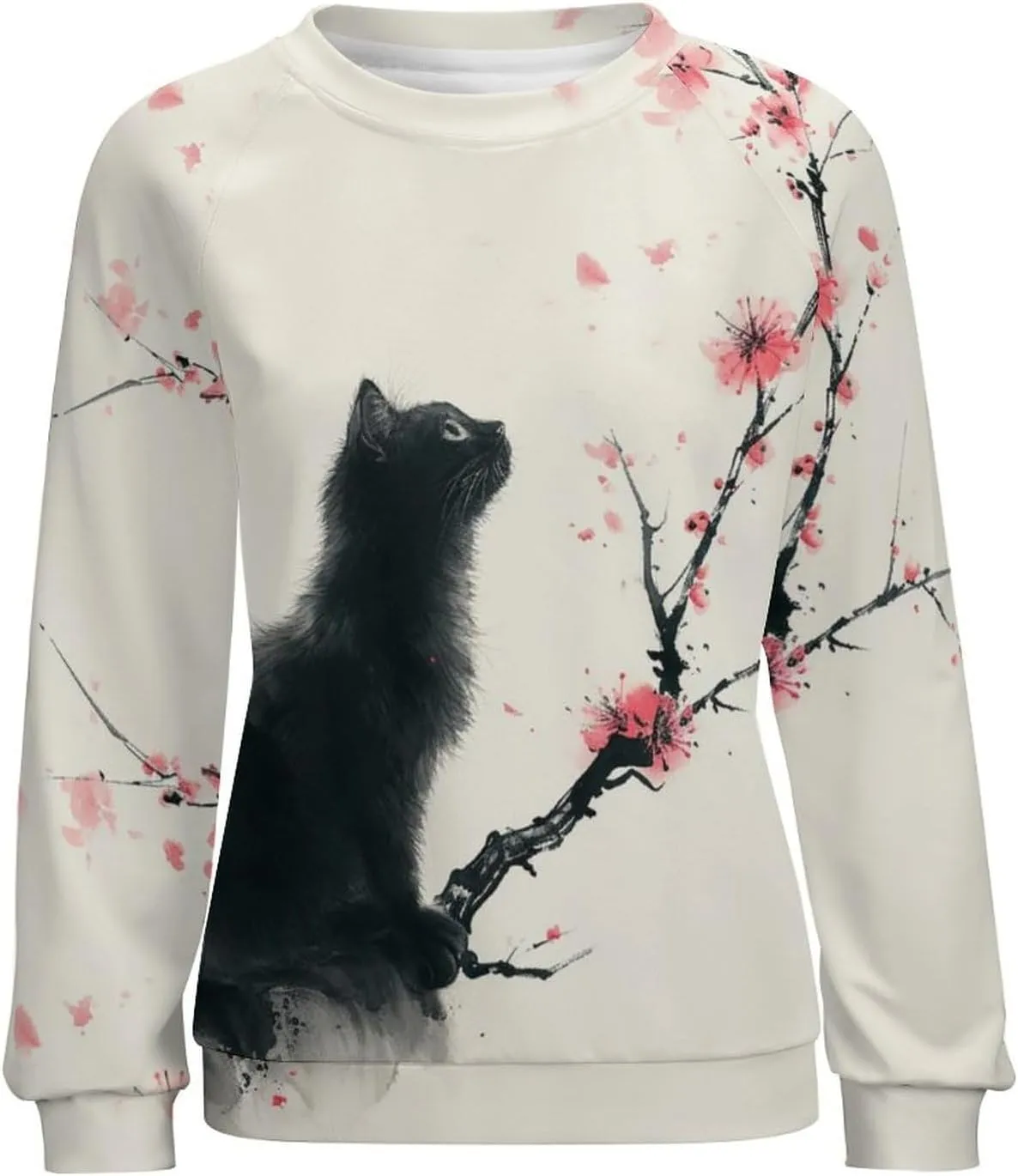 Womens Cat Sweatshirts Cute Graphic Printed Long Sleeve Crewneck Pullover Shirts Cat Lovers Tunic Tops for Girls