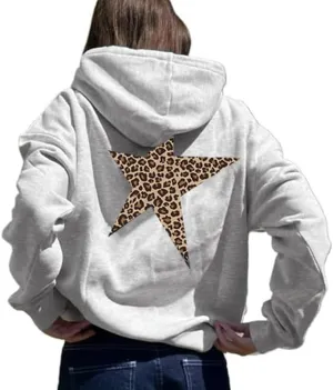 Women's Cheetah Leopard Star Print Hooded Sweatshirt Y2k Casual Long Sleeve Pullover Hoodie Tops
