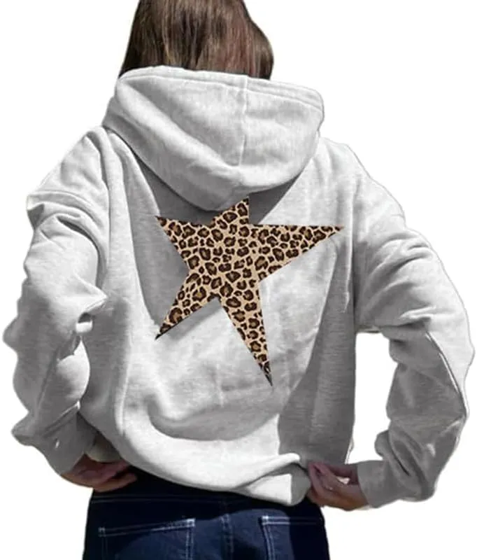 Women's Cheetah Leopard Star Print Hooded Sweatshirt Y2k Casual Long Sleeve Pullover Hoodie Tops
