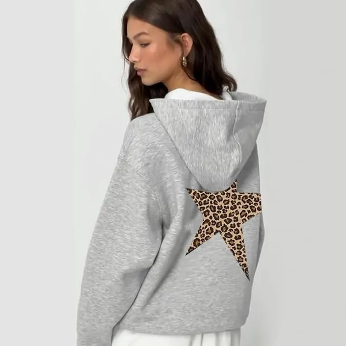 Women's Cheetah Leopard Star Print Hooded Sweatshirt Y2k Casual Long Sleeve Pullover Hoodie Tops