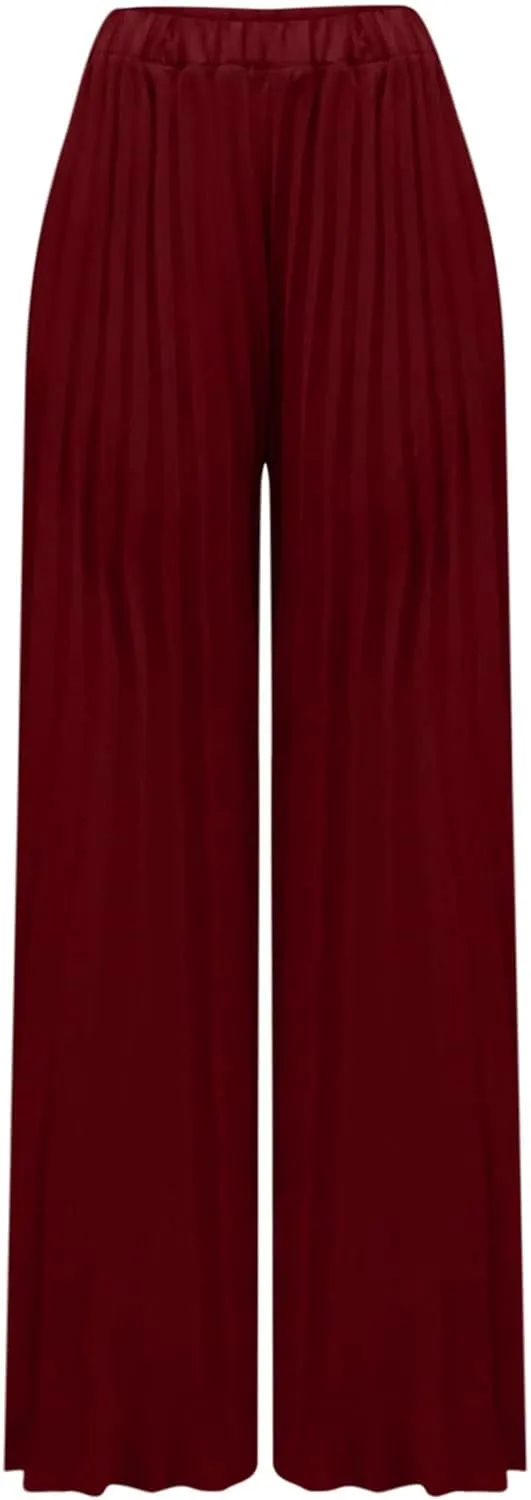 Women's Chiffon Wide Leg Pants High Elastic Waist Cropped Pants Fashion Casual Pleated Ruffle Hem Flowy Trousers