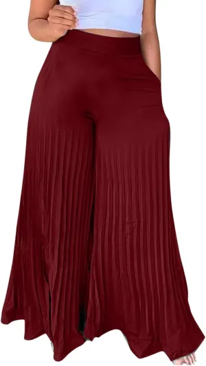 Women's Chiffon Wide Leg Pants High Elastic Waist Cropped Pants Fashion Casual Pleated Ruffle Hem Flowy Trousers