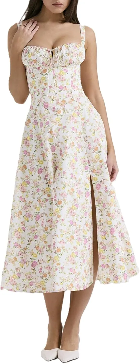 Women's Corset Dresses Floral Print Boho Flowy Slit Dress Midi Beach Casual Sundress Vacation Outfits