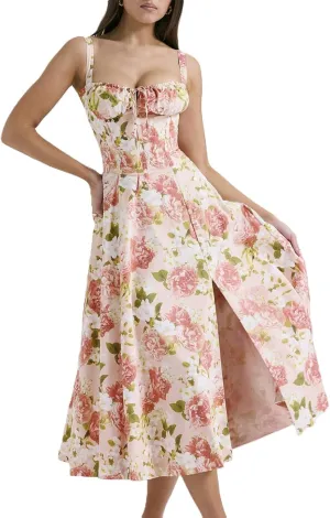 Women's Corset Dresses Floral Print Boho Flowy Slit Dress Midi Beach Casual Sundress Vacation Outfits