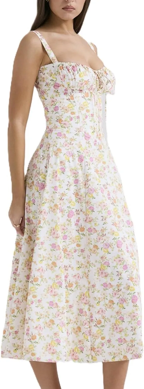 Women's Corset Dresses Floral Print Boho Flowy Slit Dress Midi Beach Casual Sundress Vacation Outfits
