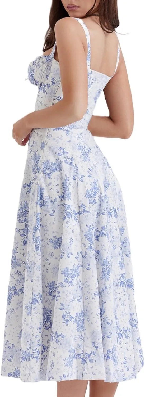 Women's Corset Dresses Floral Print Boho Flowy Slit Dress Midi Beach Casual Sundress Vacation Outfits
