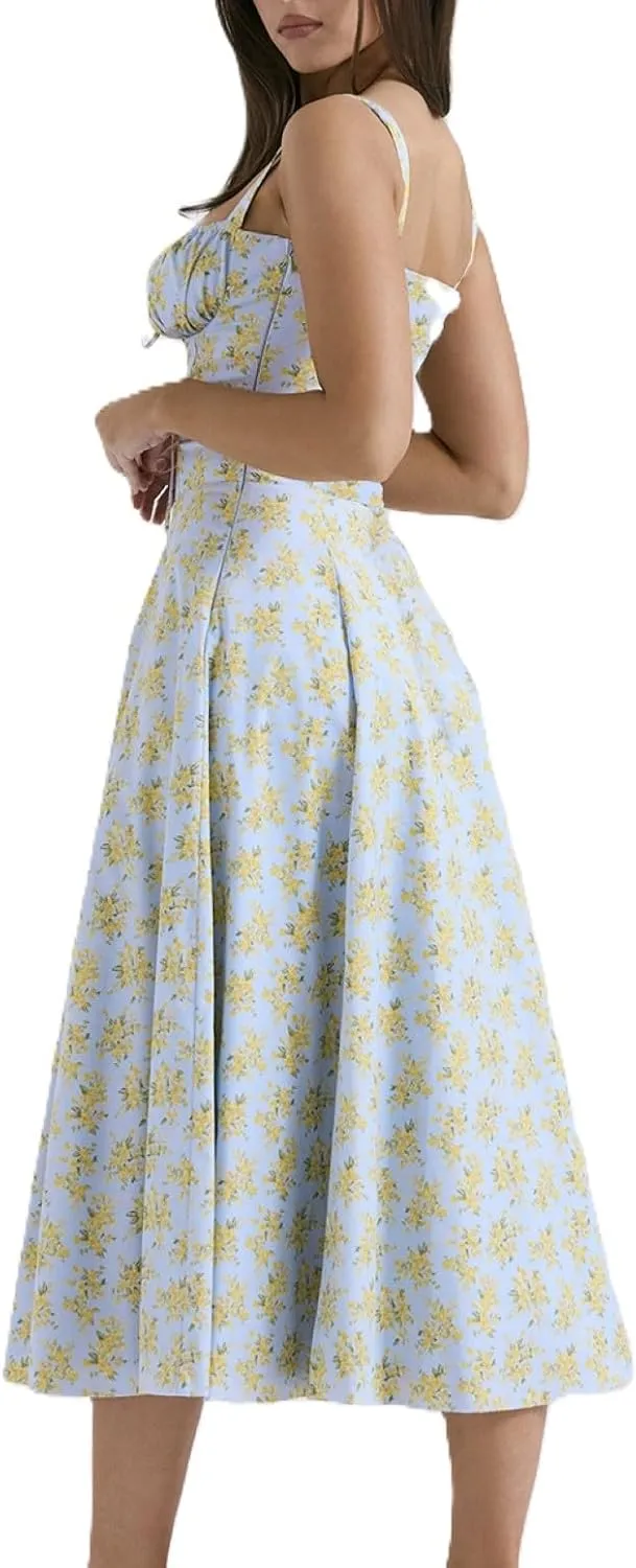Women's Corset Dresses Floral Print Boho Flowy Slit Dress Midi Beach Casual Sundress Vacation Outfits