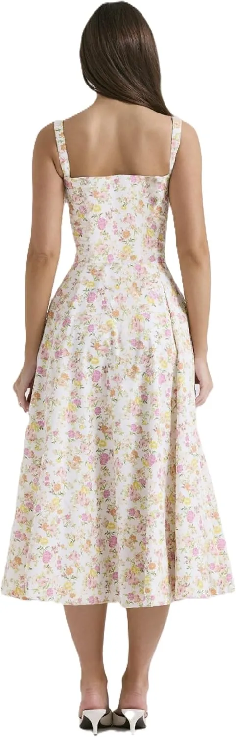 Women's Corset Dresses Floral Print Boho Flowy Slit Dress Midi Beach Casual Sundress Vacation Outfits
