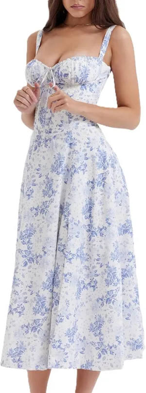 Women's Corset Dresses Floral Print Boho Flowy Slit Dress Midi Beach Casual Sundress Vacation Outfits