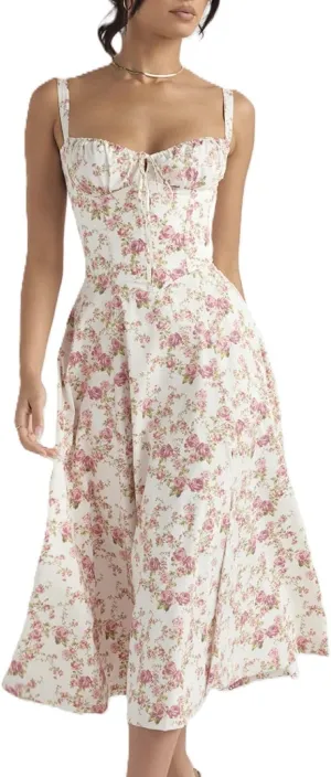 Women's Corset Dresses Floral Print Boho Flowy Slit Dress Midi Beach Casual Sundress Vacation Outfits