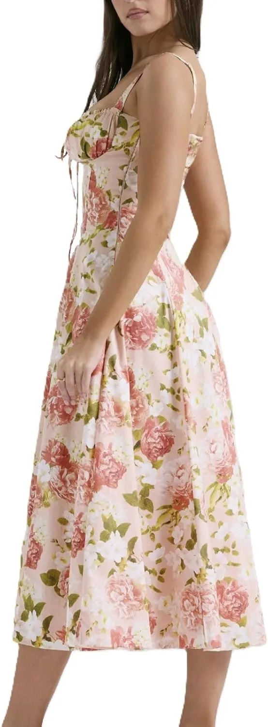 Women's Corset Dresses Floral Print Boho Flowy Slit Dress Midi Beach Casual Sundress Vacation Outfits