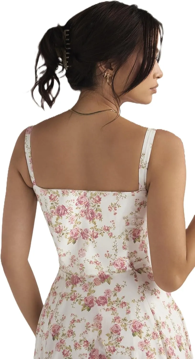 Women's Corset Dresses Floral Print Boho Flowy Slit Dress Midi Beach Casual Sundress Vacation Outfits
