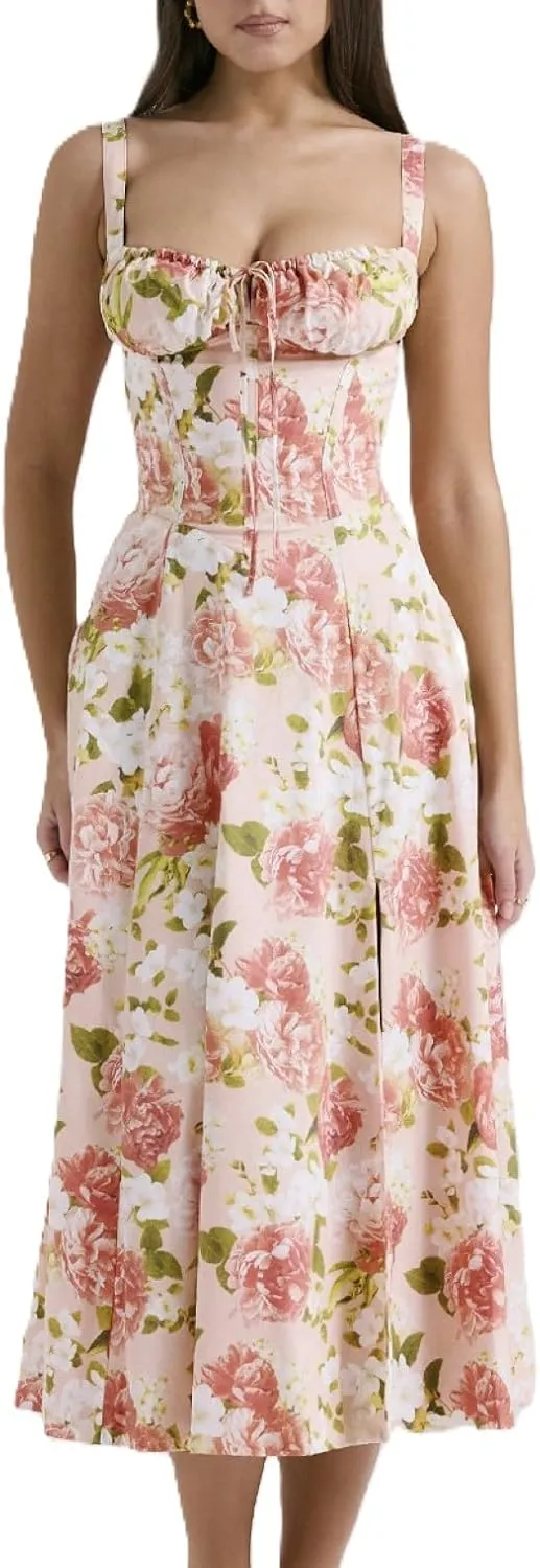 Women's Corset Dresses Floral Print Boho Flowy Slit Dress Midi Beach Casual Sundress Vacation Outfits