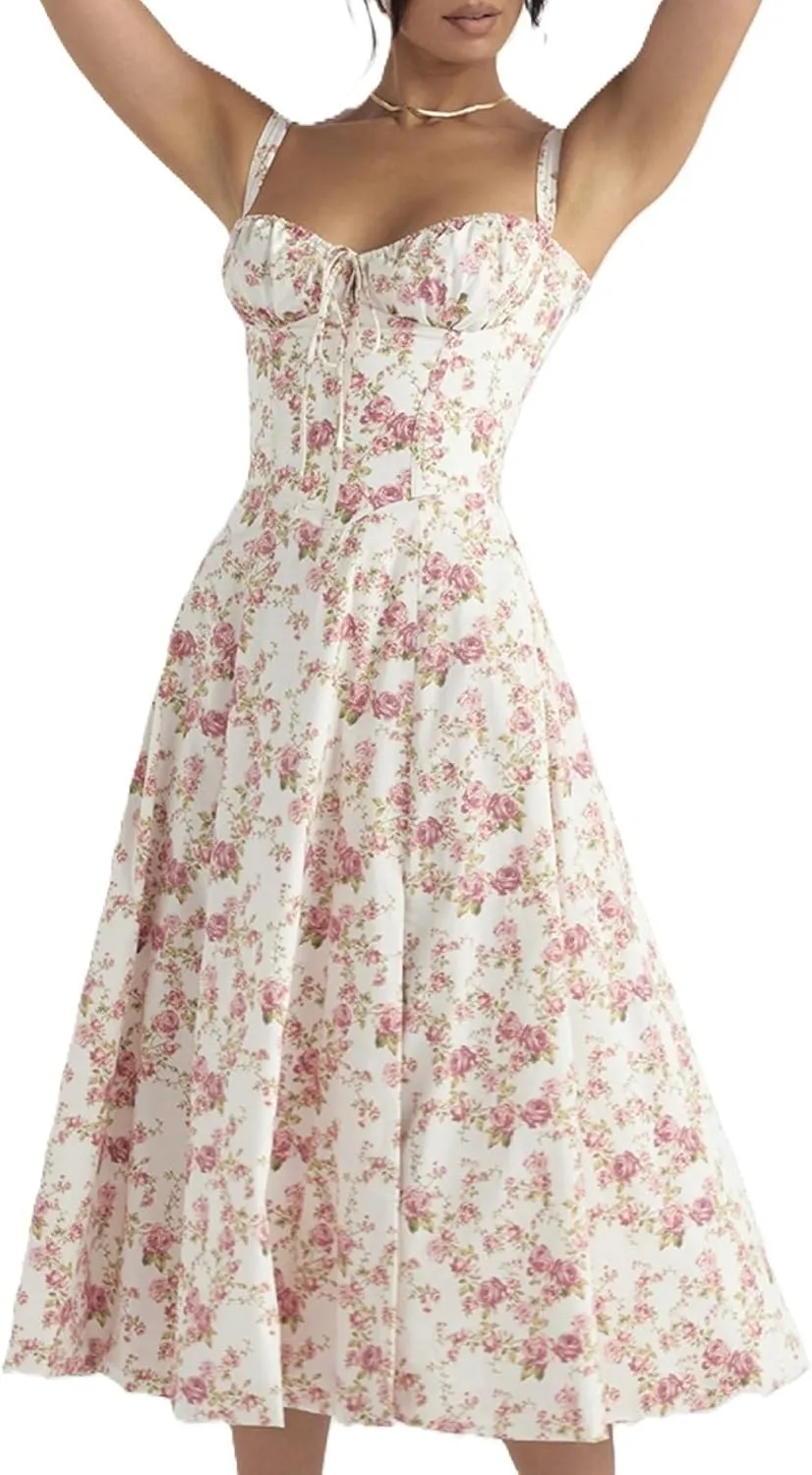 Women's Corset Dresses Floral Print Boho Flowy Slit Dress Midi Beach Casual Sundress Vacation Outfits
