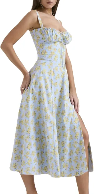 Women's Corset Dresses Floral Print Boho Flowy Slit Dress Midi Beach Casual Sundress Vacation Outfits