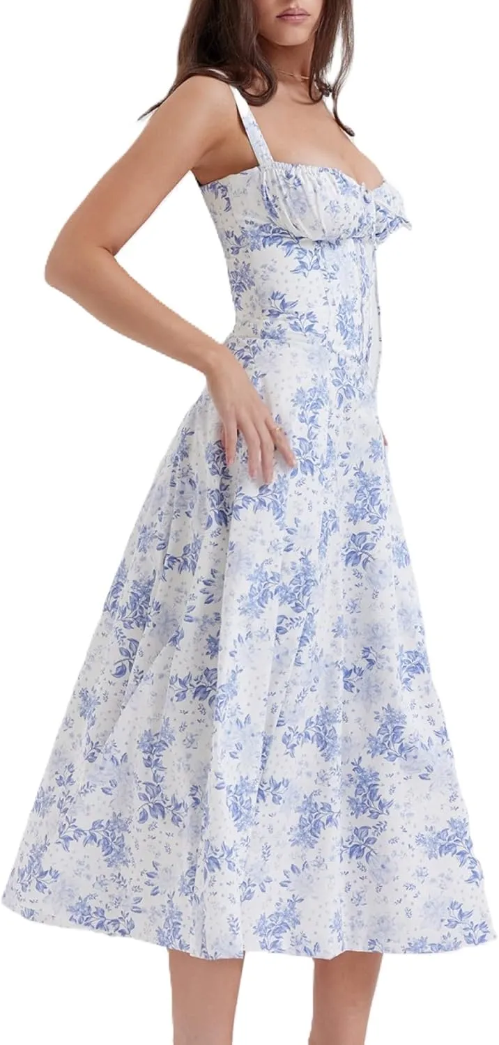 Women's Corset Dresses Floral Print Boho Flowy Slit Dress Midi Beach Casual Sundress Vacation Outfits