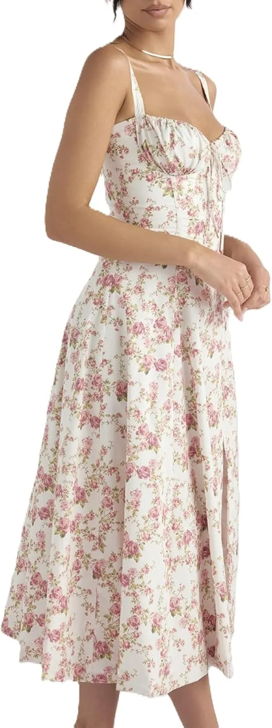 Women's Corset Dresses Floral Print Boho Flowy Slit Dress Midi Beach Casual Sundress Vacation Outfits