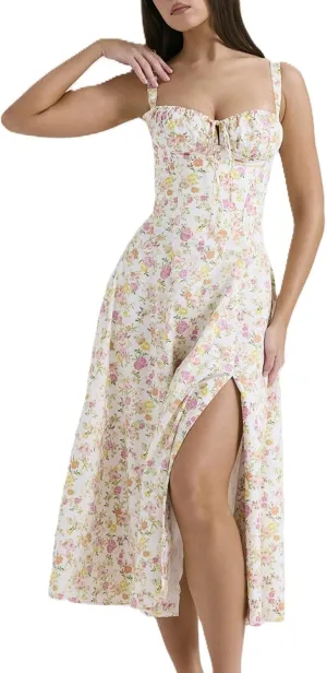 Women's Corset Dresses Floral Print Boho Flowy Slit Dress Midi Beach Casual Sundress Vacation Outfits