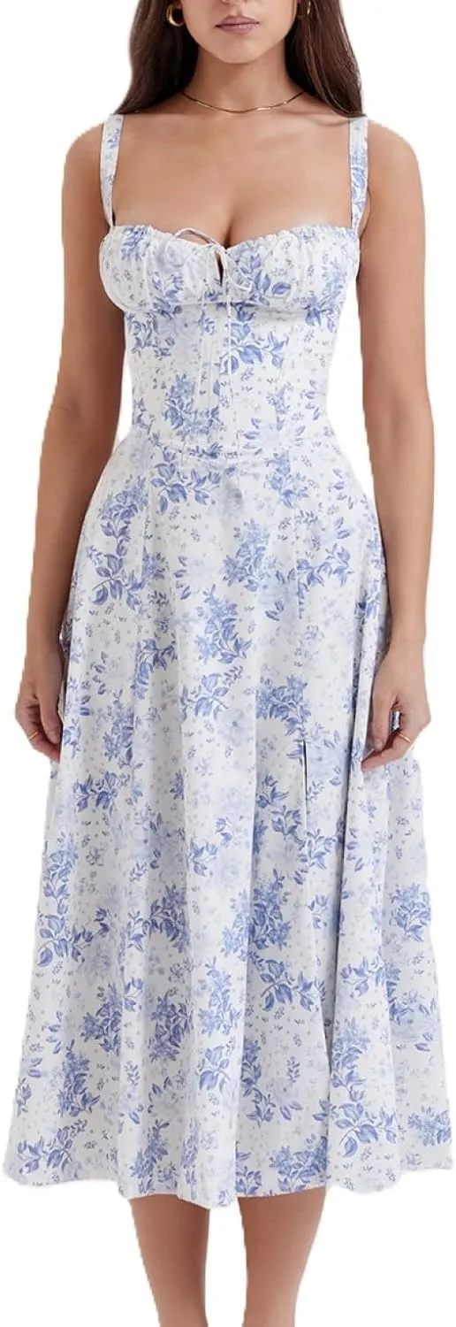 Women's Corset Dresses Floral Print Boho Flowy Slit Dress Midi Beach Casual Sundress Vacation Outfits
