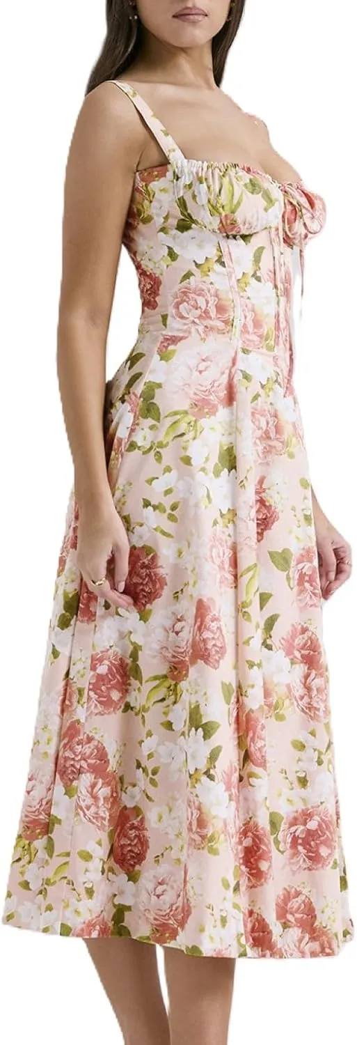 Women's Corset Dresses Floral Print Boho Flowy Slit Dress Midi Beach Casual Sundress Vacation Outfits