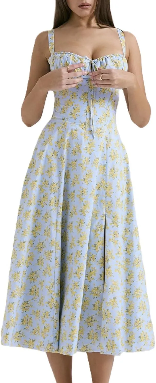 Women's Corset Dresses Floral Print Boho Flowy Slit Dress Midi Beach Casual Sundress Vacation Outfits