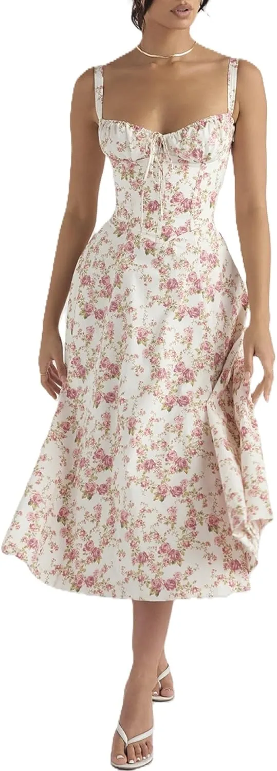 Women's Corset Dresses Floral Print Boho Flowy Slit Dress Midi Beach Casual Sundress Vacation Outfits