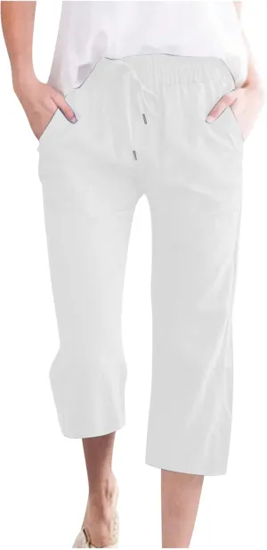 Womens Cotton Linen Capri Pants Casual Summer 2025 Waist Drawstring Straight Wide Leg Cropped Trousers with Pockets Women Clothes Blend for