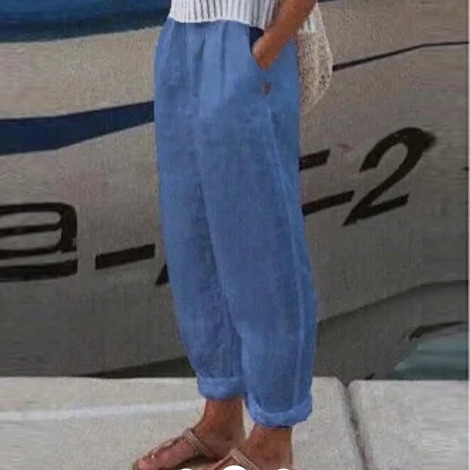 Women's Cotton Linen Casual Pants Summer High Waisted Baggy Beach Trousers with Pockets Plain Plus Size Cropped Slacks