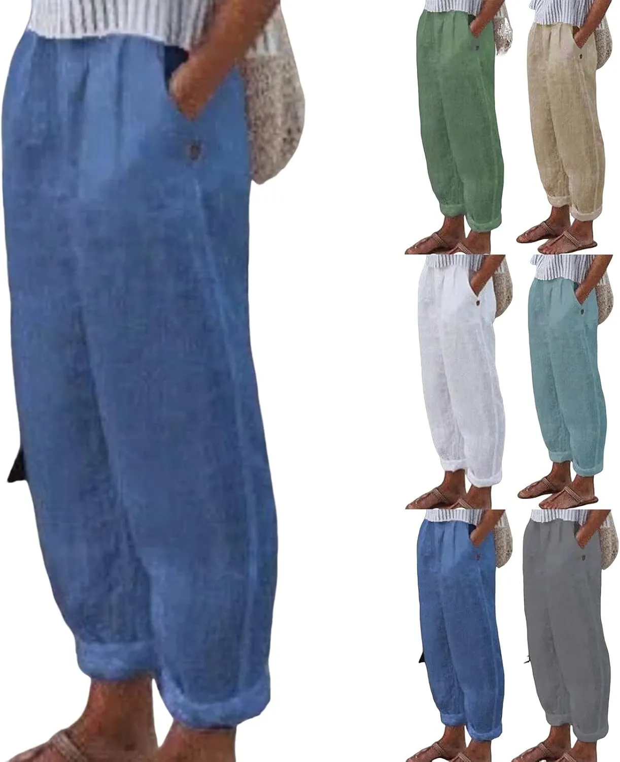 Women's Cotton Linen Casual Pants Summer High Waisted Baggy Beach Trousers with Pockets Plain Plus Size Cropped Slacks