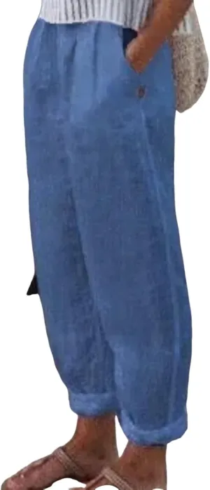 Women's Cotton Linen Casual Pants Summer High Waisted Baggy Beach Trousers with Pockets Plain Plus Size Cropped Slacks