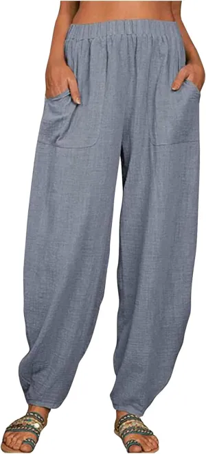 Women's Cotton Linen Harem Pants Casual Loose Fit High Waisted Pants Trousers Summer Outfits 2025 Trendy with Pockets