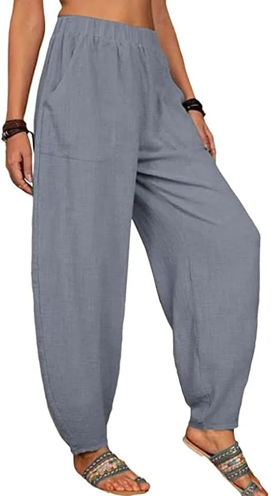 Women's Cotton Linen Harem Pants Casual Loose Fit High Waisted Pants Trousers Summer Outfits 2025 Trendy with Pockets