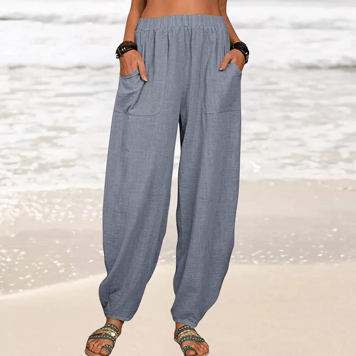 Women's Cotton Linen Harem Pants Casual Loose Fit High Waisted Pants Trousers Summer Outfits 2025 Trendy with Pockets