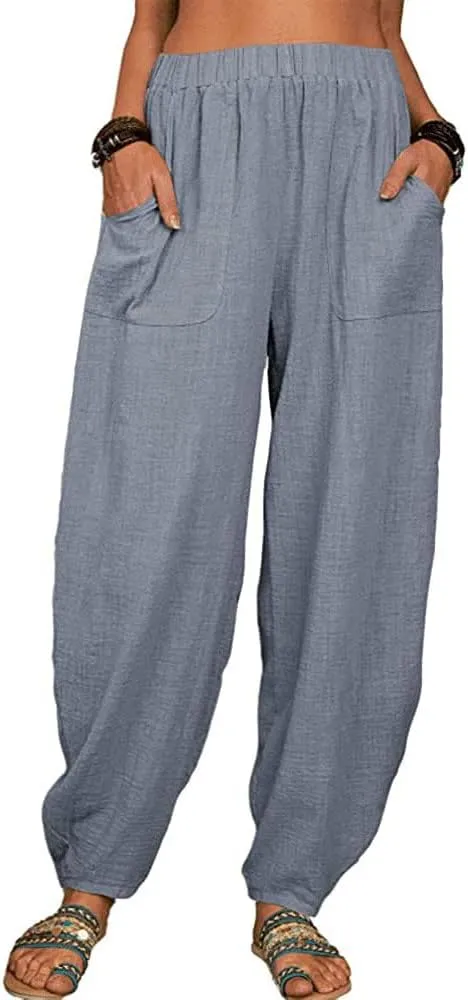 Women's Cotton Linen Harem Pants Casual Loose Fit High Waisted Pants Trousers Summer Outfits 2025 Trendy with Pockets