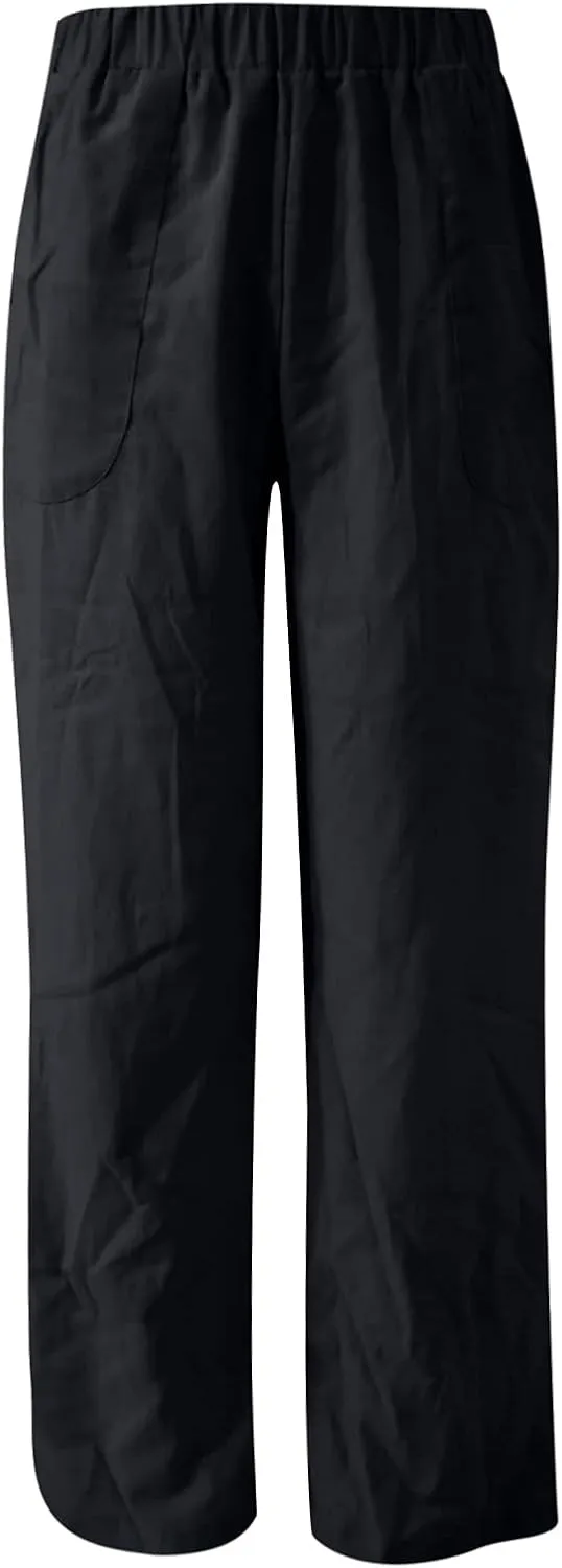 Women's Cotton Linen Lounge Pants Casual Summer Palazzo Pants Flowy Wide Leg Beach Trousers Long Slacks with Pockets