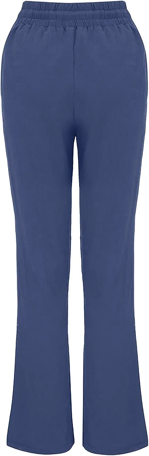 Womens Cotton Linen Pants 2025 Casual Elastic High Waisted Straight Leg Lounge Pant Summer Long Trousers with Pockets
