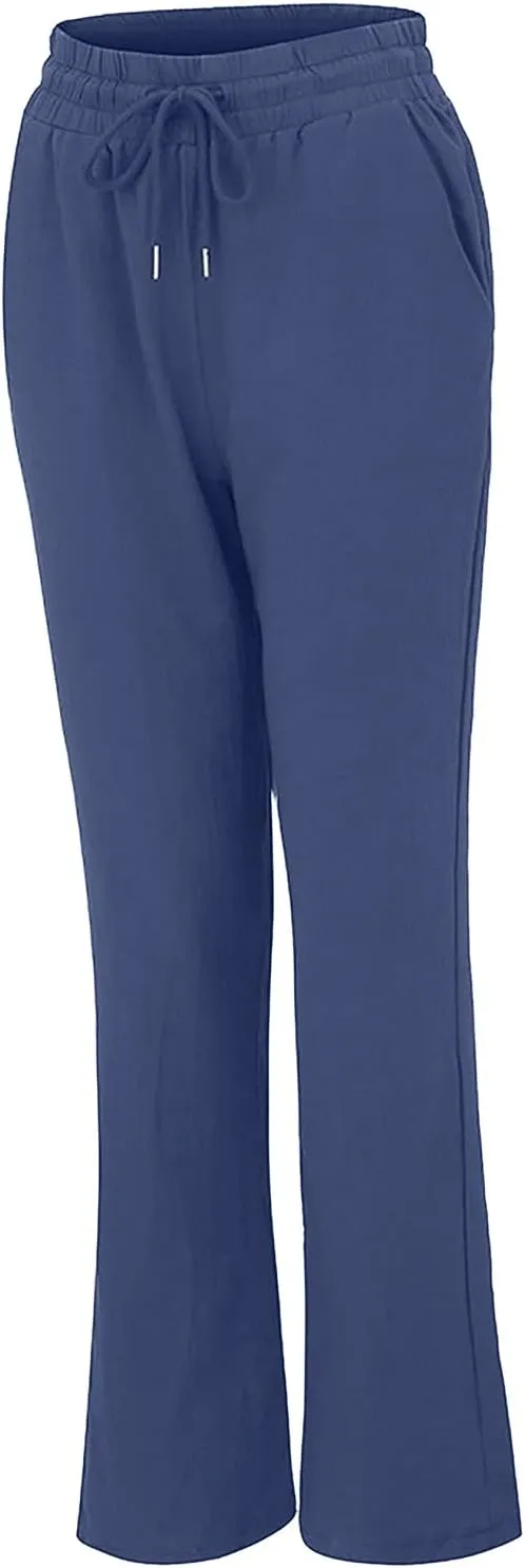 Womens Cotton Linen Pants 2025 Casual Elastic High Waisted Straight Leg Lounge Pant Summer Long Trousers with Pockets