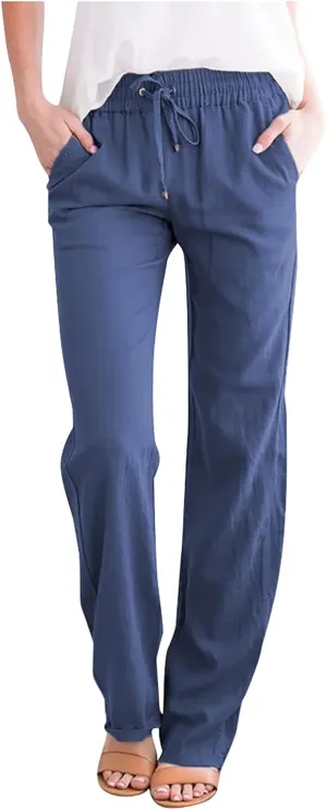Womens Cotton Linen Pants 2025 Casual Elastic High Waisted Straight Leg Lounge Pant Summer Long Trousers with Pockets