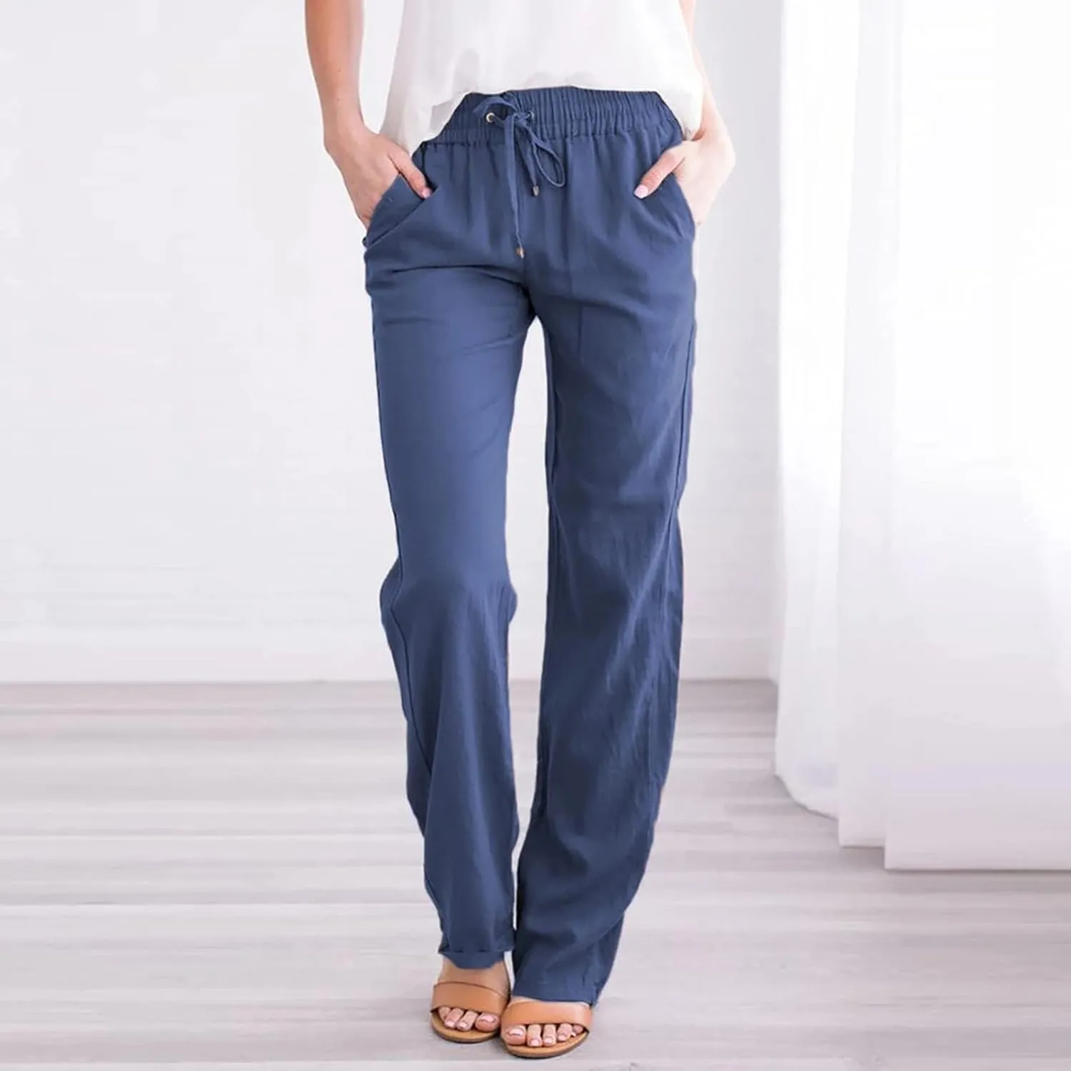 Womens Cotton Linen Pants 2025 Casual Elastic High Waisted Straight Leg Lounge Pant Summer Long Trousers with Pockets