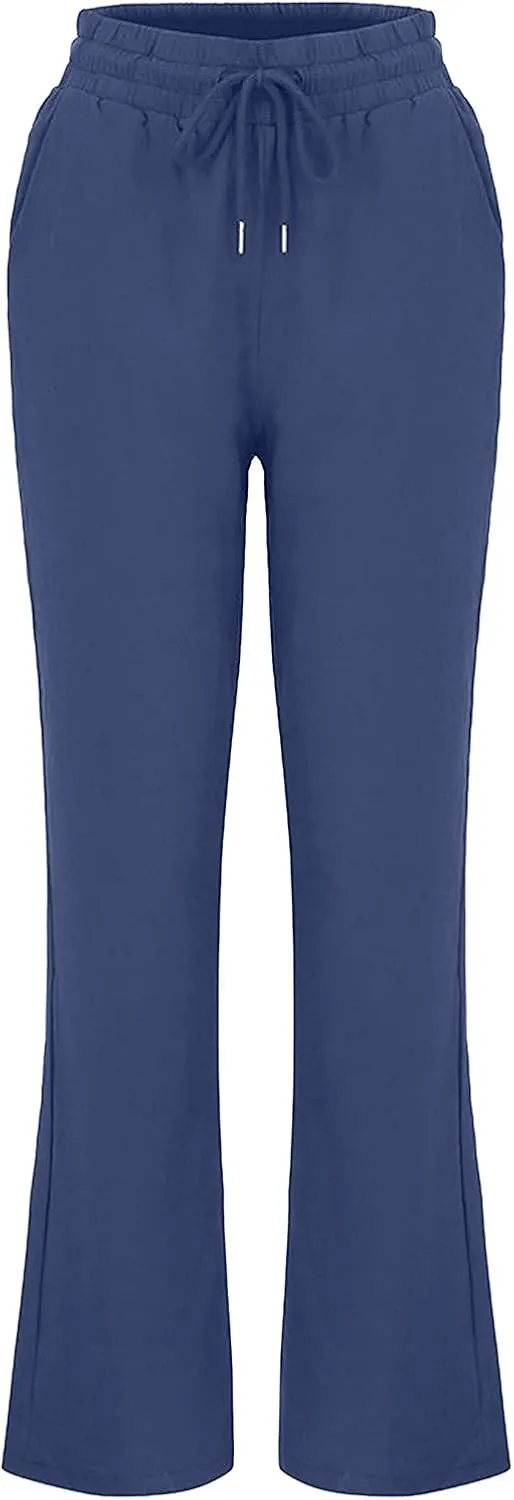 Womens Cotton Linen Pants 2025 Casual Elastic High Waisted Straight Leg Lounge Pant Summer Long Trousers with Pockets