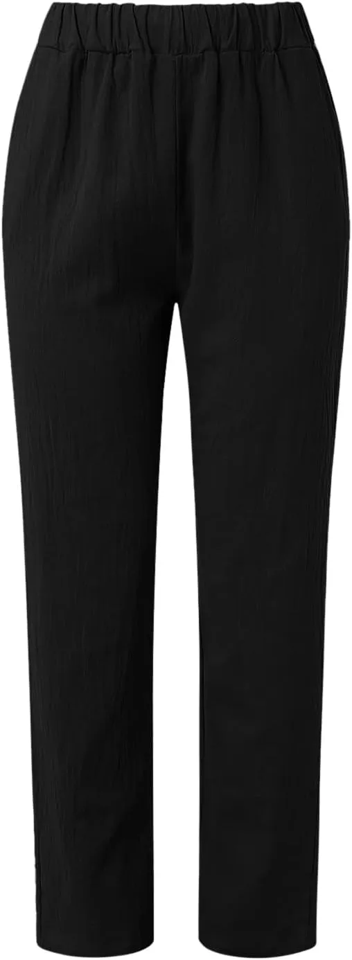 Women's Cotton Linen Pants 2025 Summer Casual Loose Elastic High Waisted Wide Leg Beach Trousers with Pockets