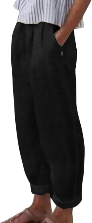 Women's Cotton Linen Pants 2025 Summer Casual Loose Elastic High Waisted Wide Leg Beach Trousers with Pockets