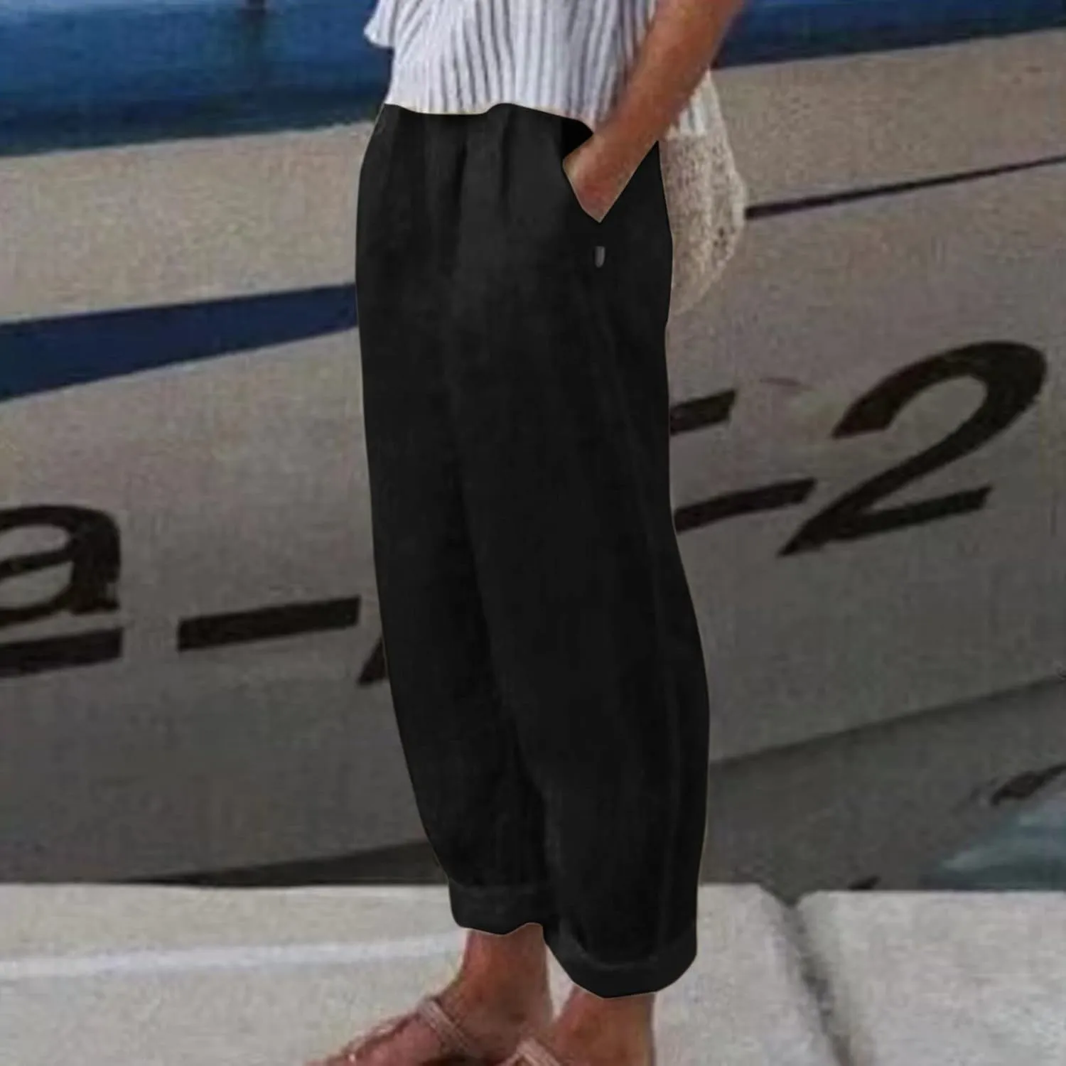Women's Cotton Linen Pants 2025 Summer Casual Loose Elastic High Waisted Wide Leg Beach Trousers with Pockets